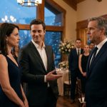A 41-year-old woman standing beside her younger brother at a luxurious engagement party while his boss watches their uncomfortable family interaction.