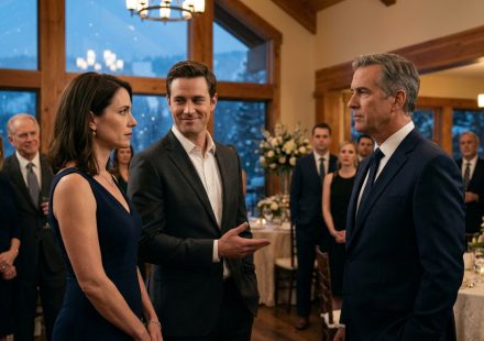 A 41-year-old woman standing beside her younger brother at a luxurious engagement party while his boss watches their uncomfortable family interaction.