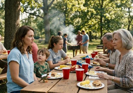 A mother watches her thirteen-year-old daughter stand beside her little brother at a tense family picnic as their grandmother makes a hurtful remark.