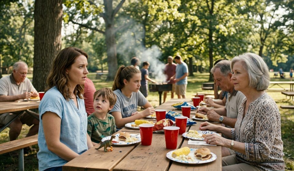 A mother watches her thirteen-year-old daughter stand beside her little brother at a tense family picnic as their grandmother makes a hurtful remark.