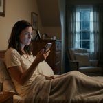 A 29-year-old woman sits upright in bed at 2 AM, looking worried as she discovers an unexpected banking security notification on her smartphone.