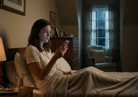 A 29-year-old woman sits upright in bed at 2 AM, looking worried as she discovers an unexpected banking security notification on her smartphone.