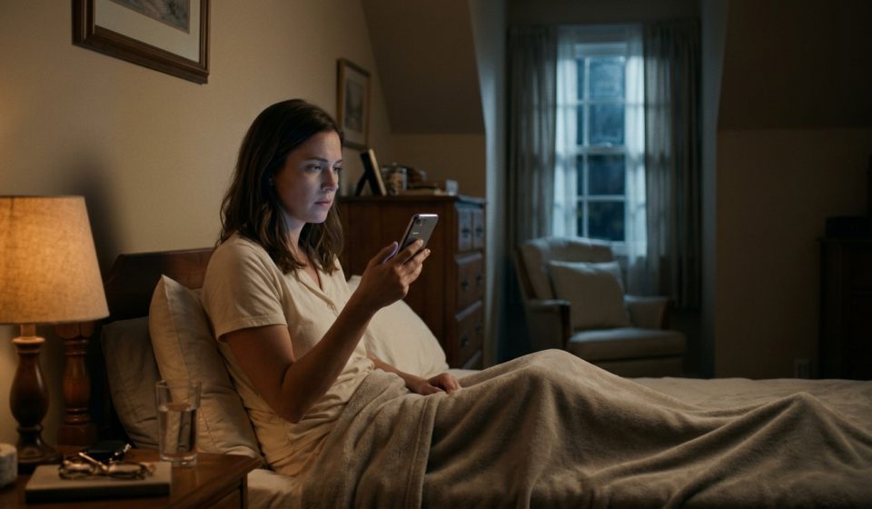 A 29-year-old woman sits upright in bed at 2 AM, looking worried as she discovers an unexpected banking security notification on her smartphone.