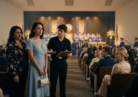 A single mother in an elegant blue dress stands at the back of her son's graduation auditorium while her ex-husband and his new wife occupy the front-row seats.