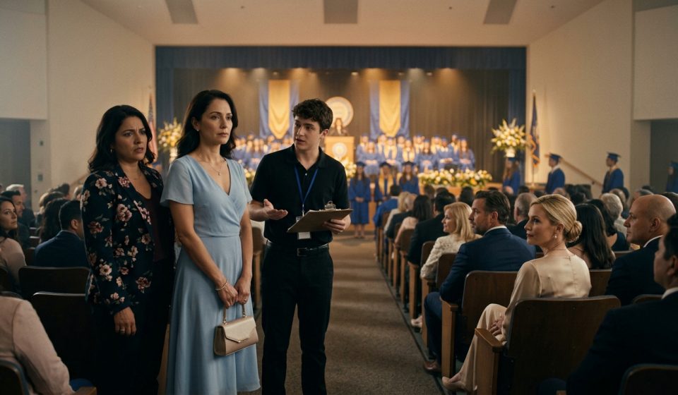 A single mother in an elegant blue dress stands at the back of her son's graduation auditorium while her ex-husband and his new wife occupy the front-row seats.