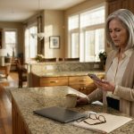 A 68-year-old mother stands in her elegant kitchen holding a smartphone, visibly hurt after reading a message from her daughter about choosing her future mother-in-law.