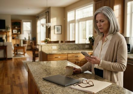 A 68-year-old mother stands in her elegant kitchen holding a smartphone, visibly hurt after reading a message from her daughter about choosing her future mother-in-law.