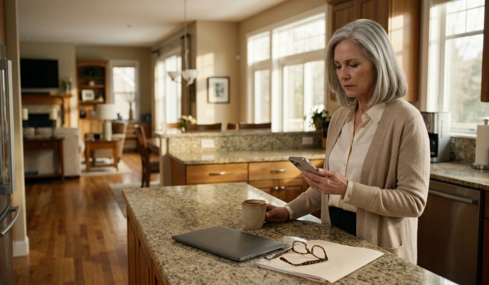 A 68-year-old mother stands in her elegant kitchen holding a smartphone, visibly hurt after reading a message from her daughter about choosing her future mother-in-law.