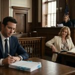A calm businessman prepares to sign divorce settlement documents in a courtroom while his confident ex-wife and her attorney watch from the opposite table.