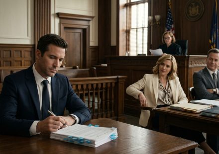 A calm businessman prepares to sign divorce settlement documents in a courtroom while his confident ex-wife and her attorney watch from the opposite table.