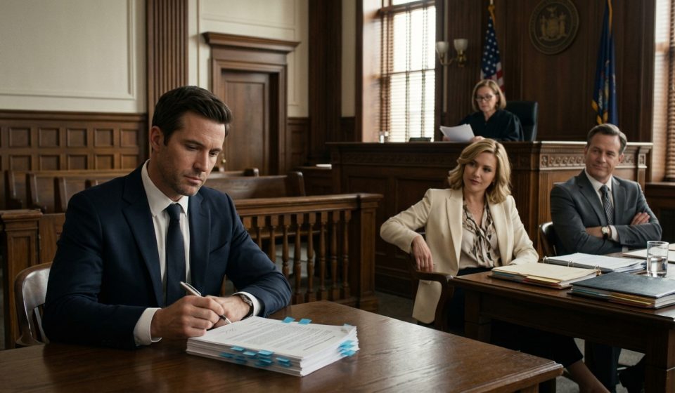 A calm businessman prepares to sign divorce settlement documents in a courtroom while his confident ex-wife and her attorney watch from the opposite table.