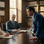 A furious man confronts his composed sister across a conference table during a tense family inheritance meeting inside an attorney's office.