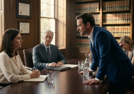 A furious man confronts his composed sister across a conference table during a tense family inheritance meeting inside an attorney's office.