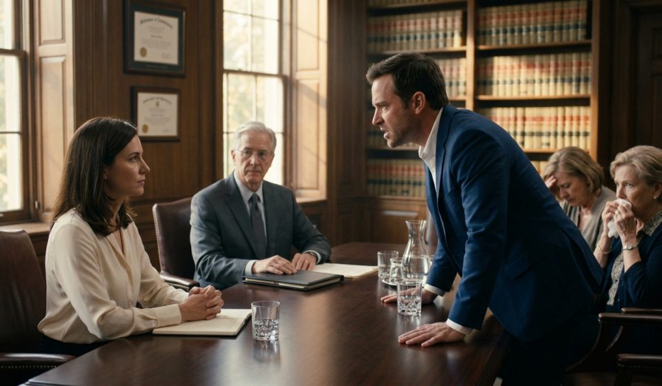 A furious man confronts his composed sister across a conference table during a tense family inheritance meeting inside an attorney's office.