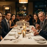 A wealthy attorney father laughing while holding his daughter's professional business card at an upscale family dinner as she sits calmly beside his colleagues.