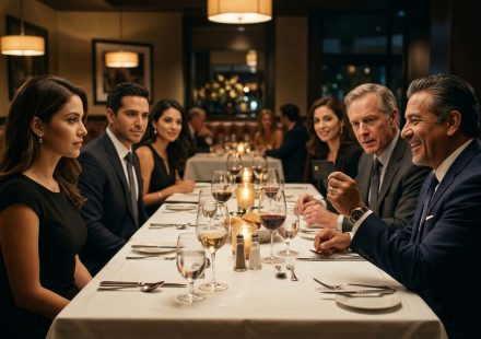 A wealthy attorney father laughing while holding his daughter's professional business card at an upscale family dinner as she sits calmly beside his colleagues.