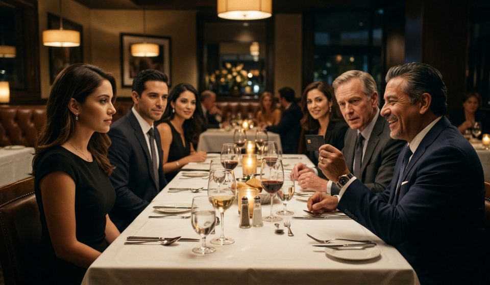 A wealthy attorney father laughing while holding his daughter's professional business card at an upscale family dinner as she sits calmly beside his colleagues.