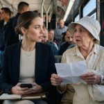 Professional woman sitting beside an emotional older passenger after she helped an older woman on the bus during her morning commute.