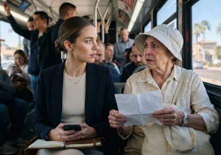 Professional woman sitting beside an emotional older passenger after she helped an older woman on the bus during her morning commute.