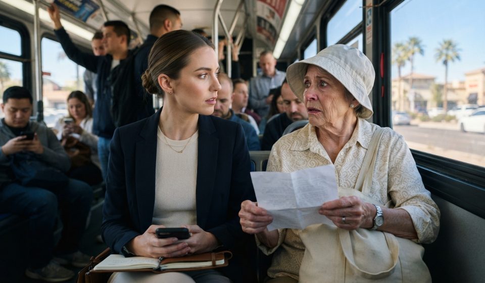 Professional woman sitting beside an emotional older passenger after she helped an older woman on the bus during her morning commute.