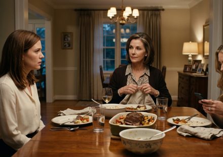 A shocked bride-to-be sits at the family dinner table as her mother demands that she postpone her wedding to accommodate her younger sister's engagement party.