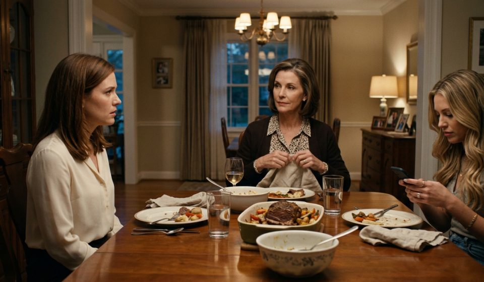 A shocked bride-to-be sits at the family dinner table as her mother demands that she postpone her wedding to accommodate her younger sister's engagement party.