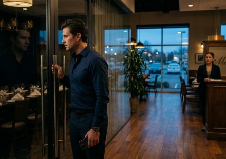 A disappointed man stands alone inside a restaurant after discovering that the family reunion he paid for took place without him, leaving the private dining room empty.