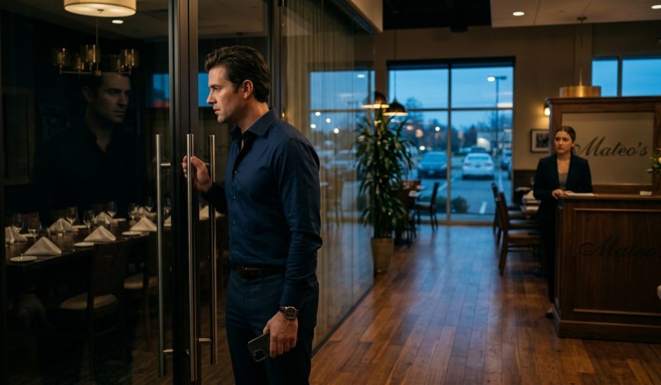 A disappointed man stands alone inside a restaurant after discovering that the family reunion he paid for took place without him, leaving the private dining room empty.