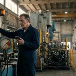 Experienced industrial technician receiving an unexpected phone call beside a hydraulic press after being fired during a production crisis.