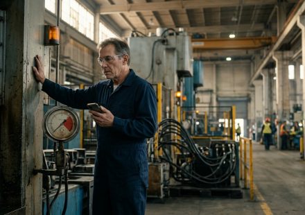 Experienced industrial technician receiving an unexpected phone call beside a hydraulic press after being fired during a production crisis.