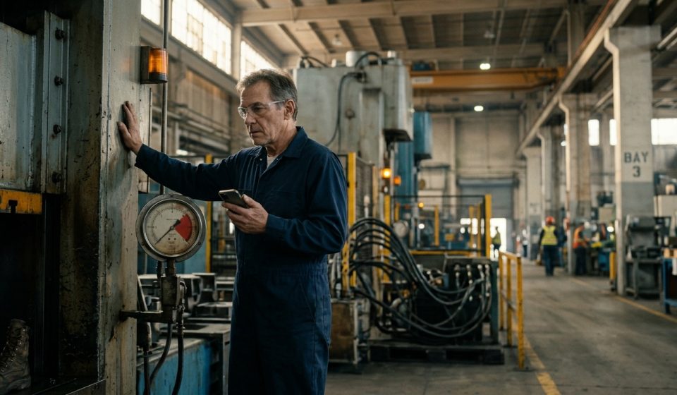 Experienced industrial technician receiving an unexpected phone call beside a hydraulic press after being fired during a production crisis.