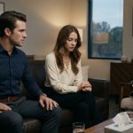 A shocked husband sits beside his wife during couples therapy while a marriage counselor watches their emotionally tense conversation.