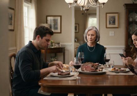 A 65-year-old mother sitting at Sunday dinner as her son tells her to be quiet and live like other seniors
