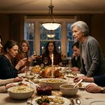 A shocked young woman sits at a Thanksgiving dinner table as her grandmother stands to confront her brother after he claims she was adopted.
