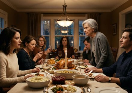 A shocked young woman sits at a Thanksgiving dinner table as her grandmother stands to confront her brother after he claims she was adopted.