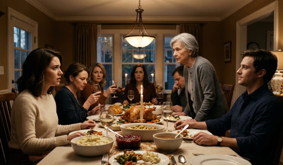 A shocked young woman sits at a Thanksgiving dinner table as her grandmother stands to confront her brother after he claims she was adopted.