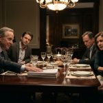 A female systems engineer sits calmly at an elegant family dinner while her wealthy uncle presents legal documents and her anxious mother grips her sleeve.