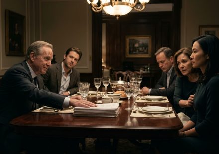 A female systems engineer sits calmly at an elegant family dinner while her wealthy uncle presents legal documents and her anxious mother grips her sleeve.