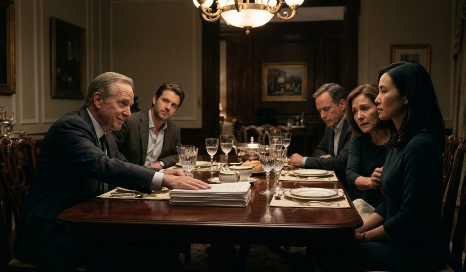 A female systems engineer sits calmly at an elegant family dinner while her wealthy uncle presents legal documents and her anxious mother grips her sleeve.