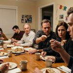 Marcus sits in stunned silence at his uncle's birthday dinner while his angry father points at him across a table surrounded by relatives.