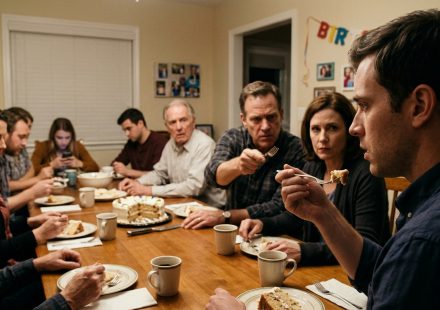 Marcus sits in stunned silence at his uncle's birthday dinner while his angry father points at him across a table surrounded by relatives.