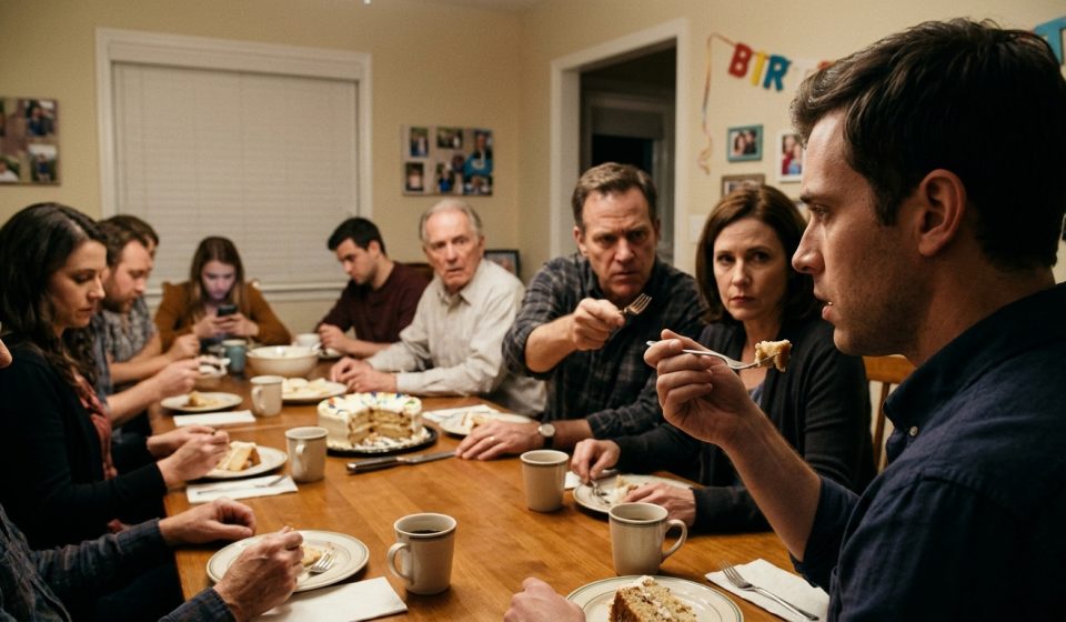 Marcus sits in stunned silence at his uncle's birthday dinner while his angry father points at him across a table surrounded by relatives.