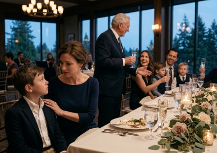 A widowed mother comforts her hurt son during a lavish family anniversary dinner as her father praises her sister and grandchildren.