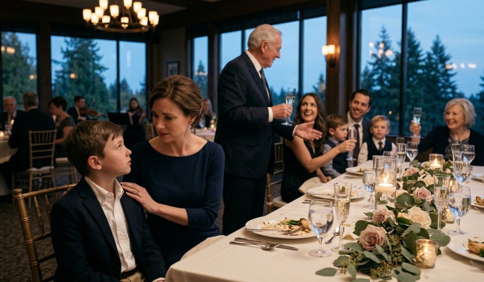 A widowed mother comforts her hurt son during a lavish family anniversary dinner as her father praises her sister and grandchildren.