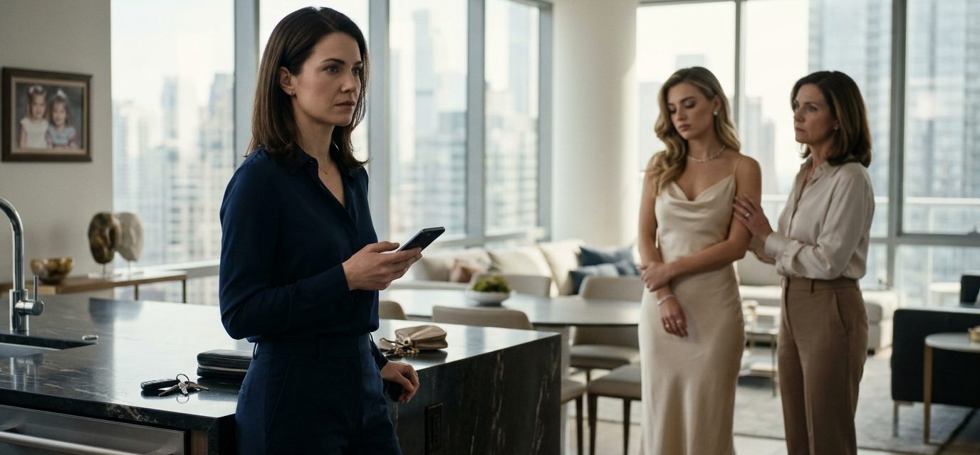 A 29-year-old woman looks at her phone in disbelief while her younger sister and mother stand together discussing wedding plans.