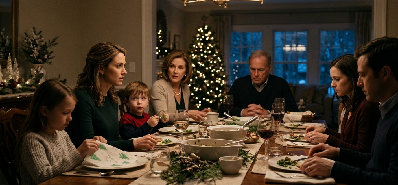 A mother protects her two young children during a tense family dinner as their grandmother announces they will receive no Christmas gifts.