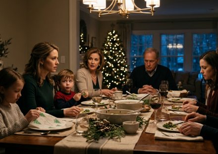 A mother protects her two young children during a tense family dinner as their grandmother announces they will receive no Christmas gifts.