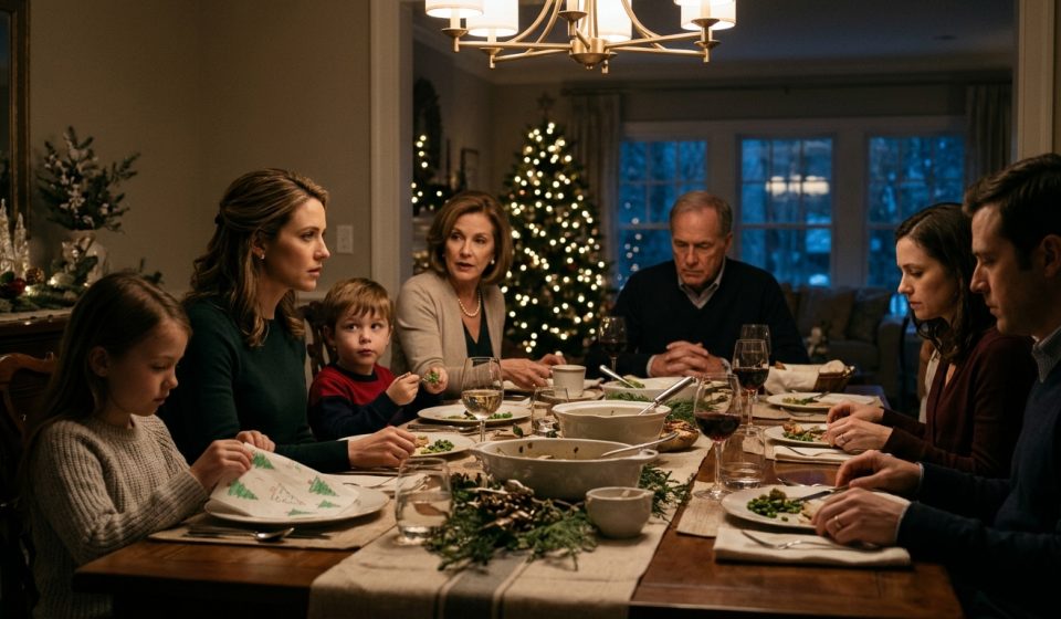 A mother protects her two young children during a tense family dinner as their grandmother announces they will receive no Christmas gifts.