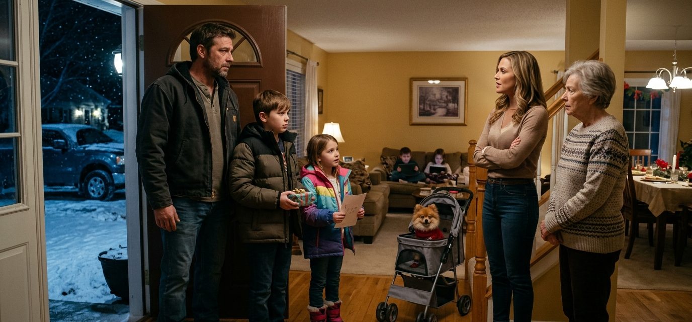 A father protects his two children during a tense family birthday dinner as their aunt insists they wait outside in the freezing cold.