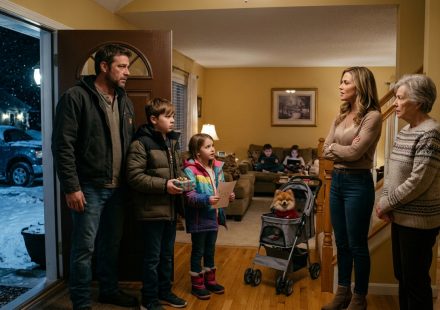 A father protects his two children during a tense family birthday dinner as their aunt insists they wait outside in the freezing cold.